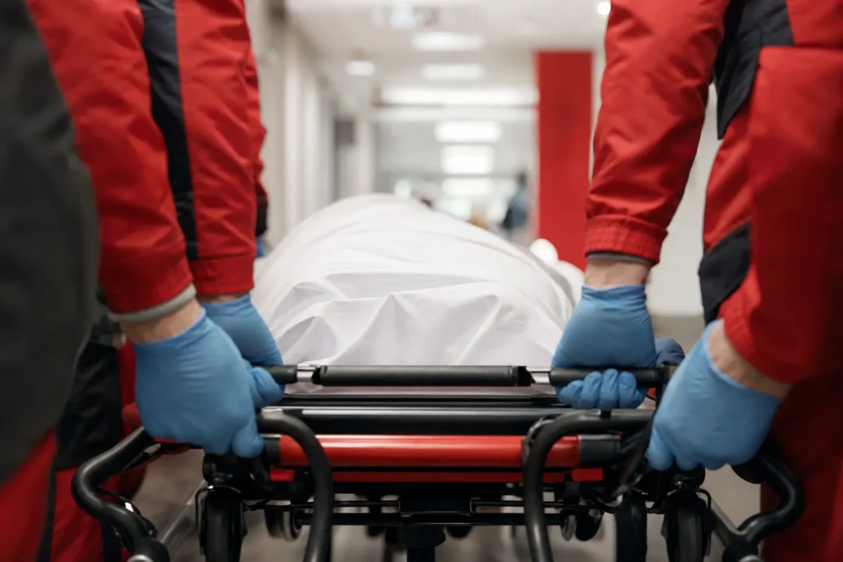 gros plan sur quatre paires de mains gantées maintenant un brancard à l'horizontale, le corps du patient allongé