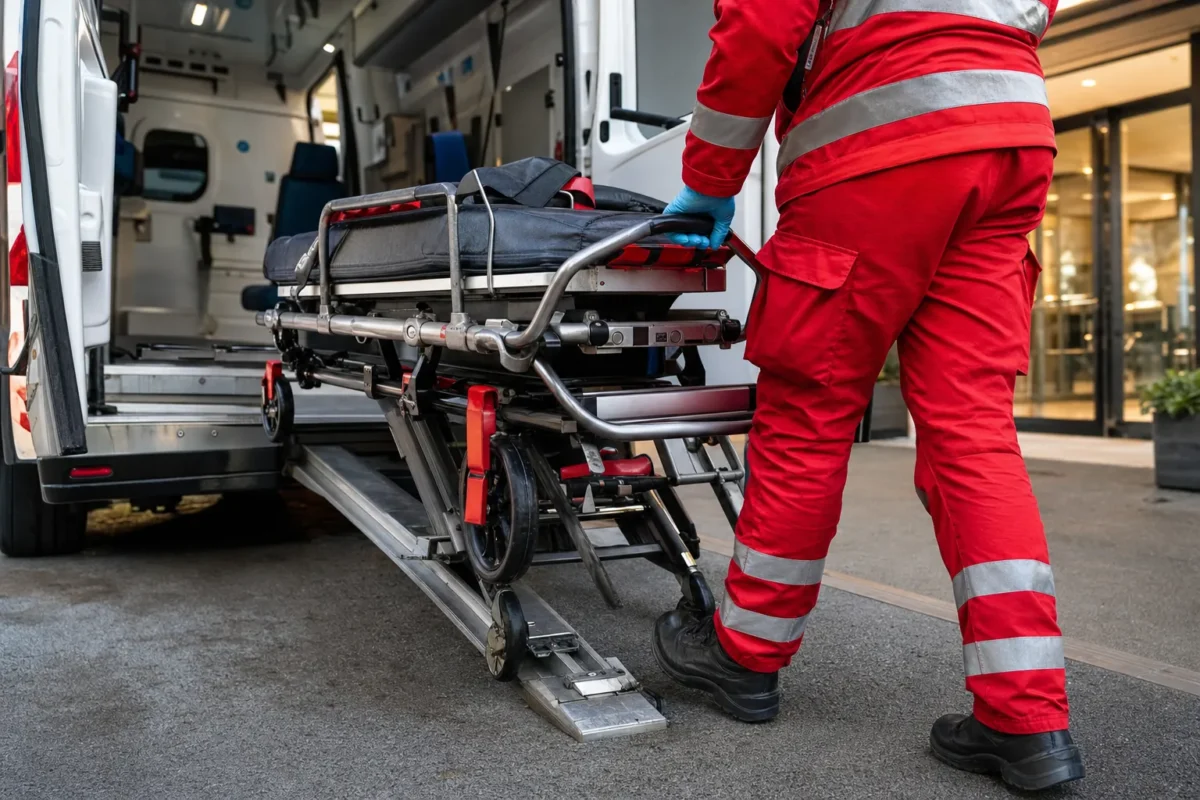 un brancard à roues glissé et verrouillé dans la cellule ouverte d'une ambulance stationnée devant une entrée, portes