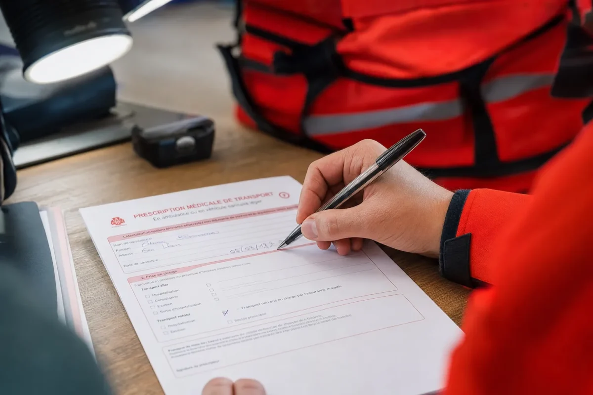 plan serré sur une main tenant un stylo au-dessus d'un formulaire de prescription médicale de transport posé sur un bureau