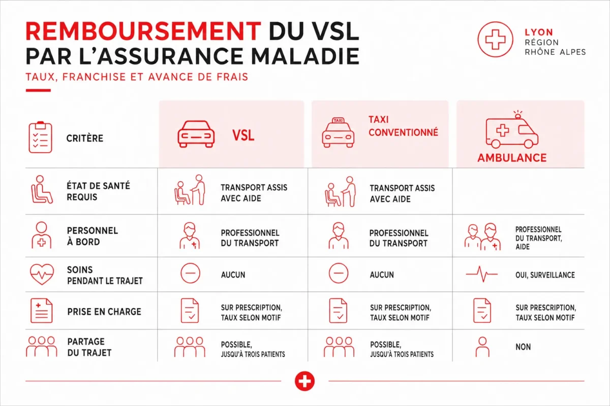 Infographie : Remboursement du VSL par l'Assurance Maladie : taux, franchise et avance de frais