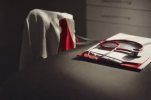 Main posée sur un formulaire médical, ambiance clinique épurée en rouge et blanc, évoquant le refus d'un bon de transport