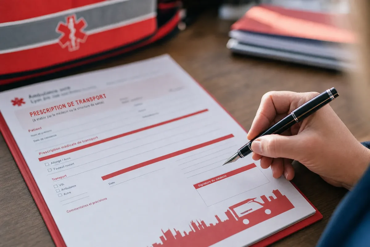 gros plan sur un formulaire de prescription de transport pose sur un bureau, un stylo plume immobilise au-dessus de la case
