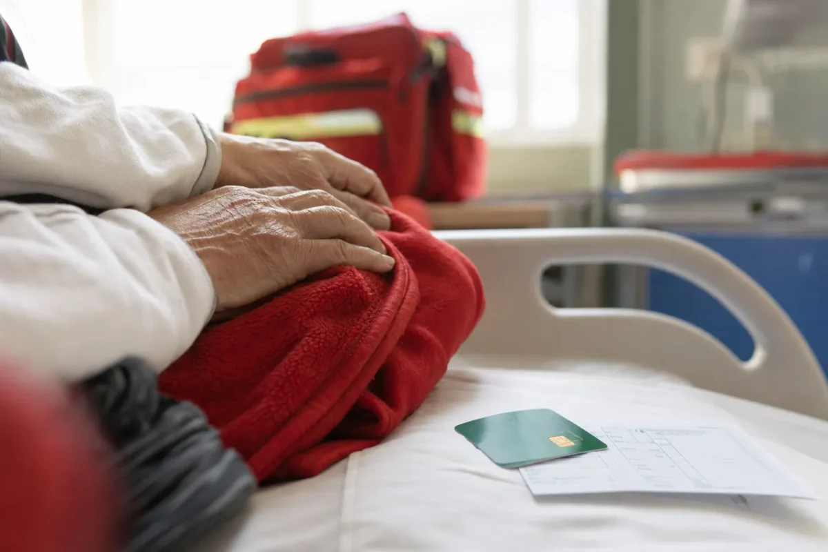 mains agees posees sur une couverture pliee au bord d'un lit medicalise, une carte vitale et une ordonnance a cote, lumiere